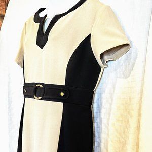 30. Dress Barn Tan Black border colorblock faux belt lined textured career dress
